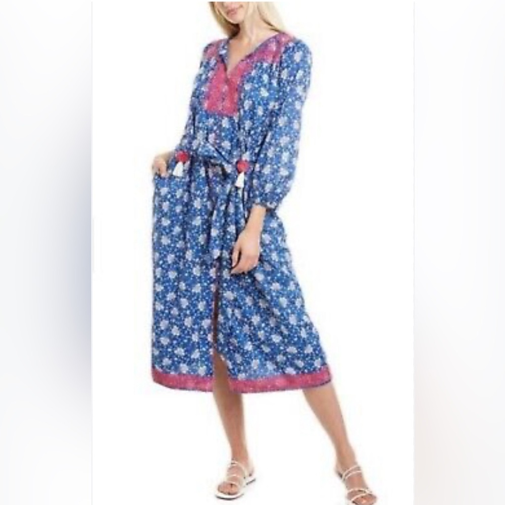 J Crew Belted Block Print Tassel Midi Dress, XS